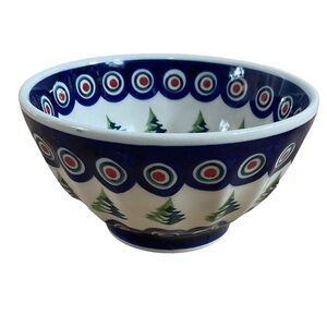 Handcrafted Bolesławiec Polish Pottery Bowl Traditional Blue Floral Tree Pattern